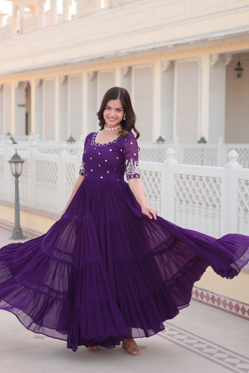 Rani Pink And Purple Faux Blooming With Embroidery Zari Sequins Gown