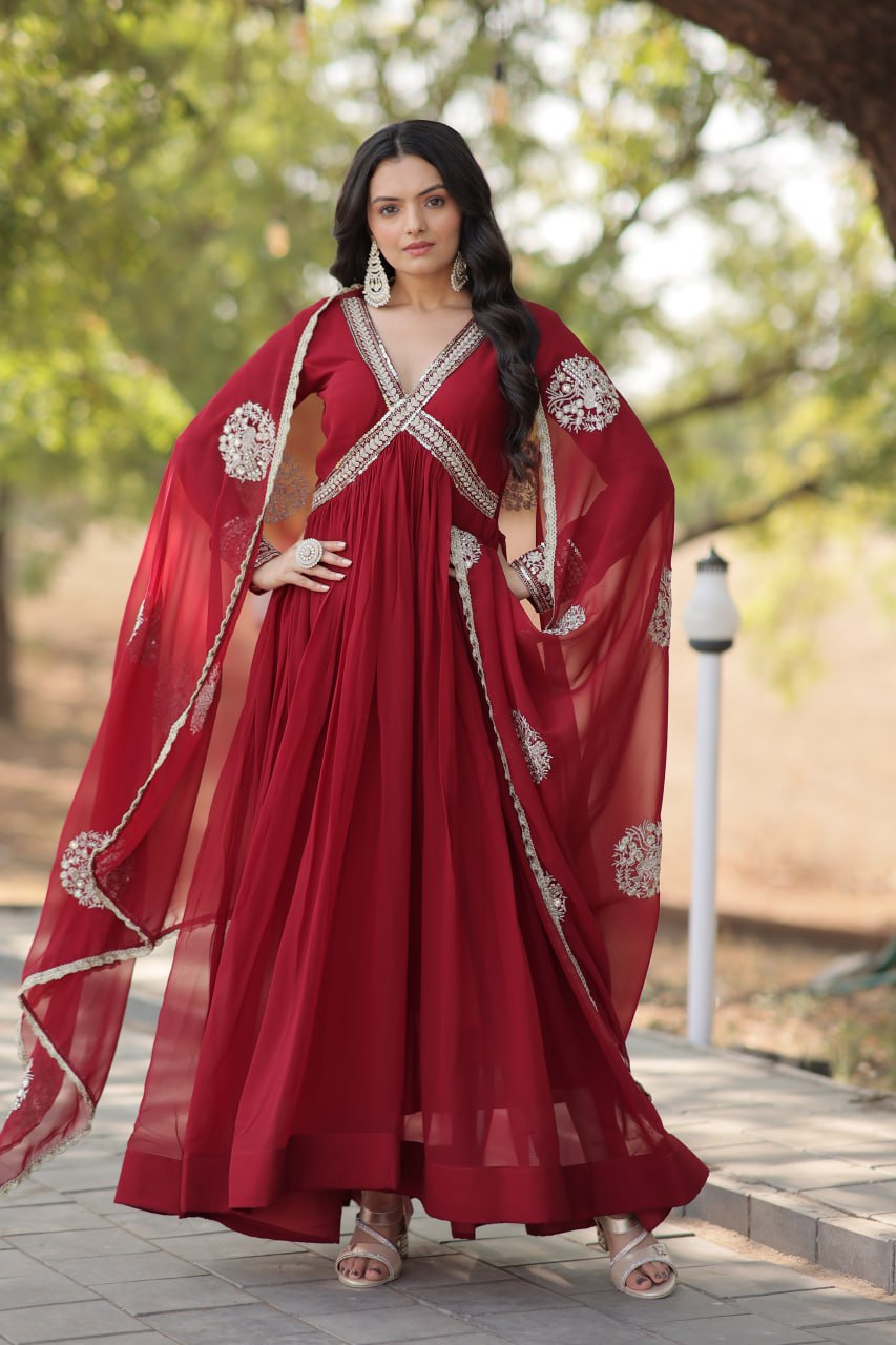 Maroon And Purple Faux Blooming With Designer Lace Border Gown With Dupatta