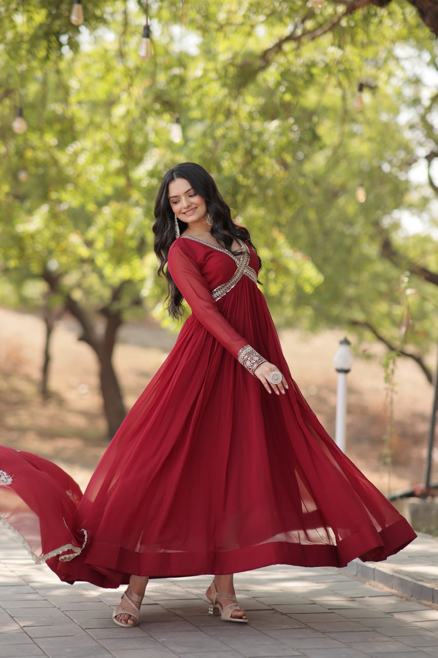 Maroon And Purple Faux Blooming With Designer Lace Border Gown With Dupatta