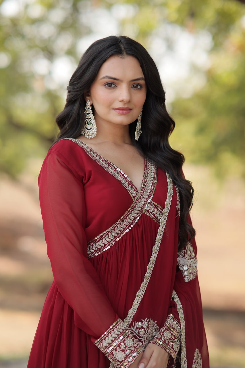 Maroon And Purple Faux Blooming With Designer Lace Border Gown With Dupatta