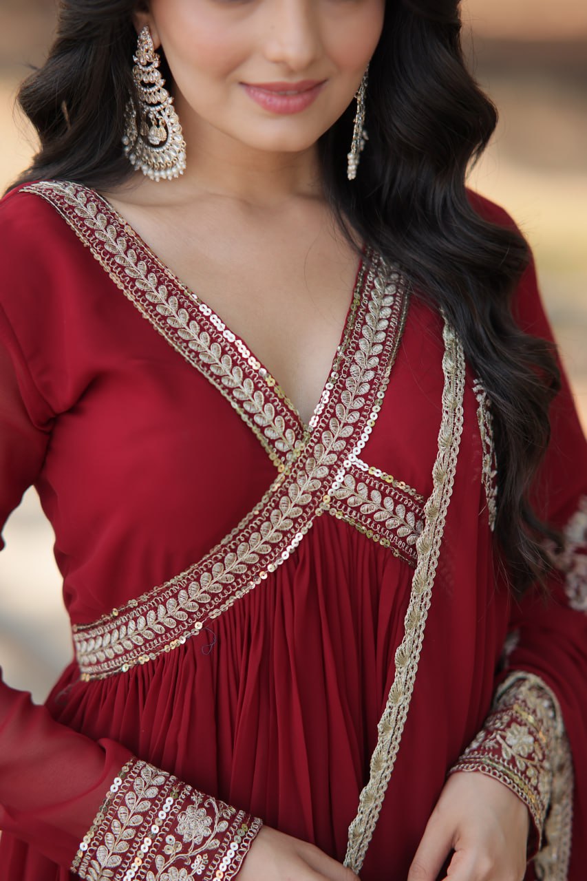 Maroon And Purple Faux Blooming With Designer Lace Border Gown With Dupatta