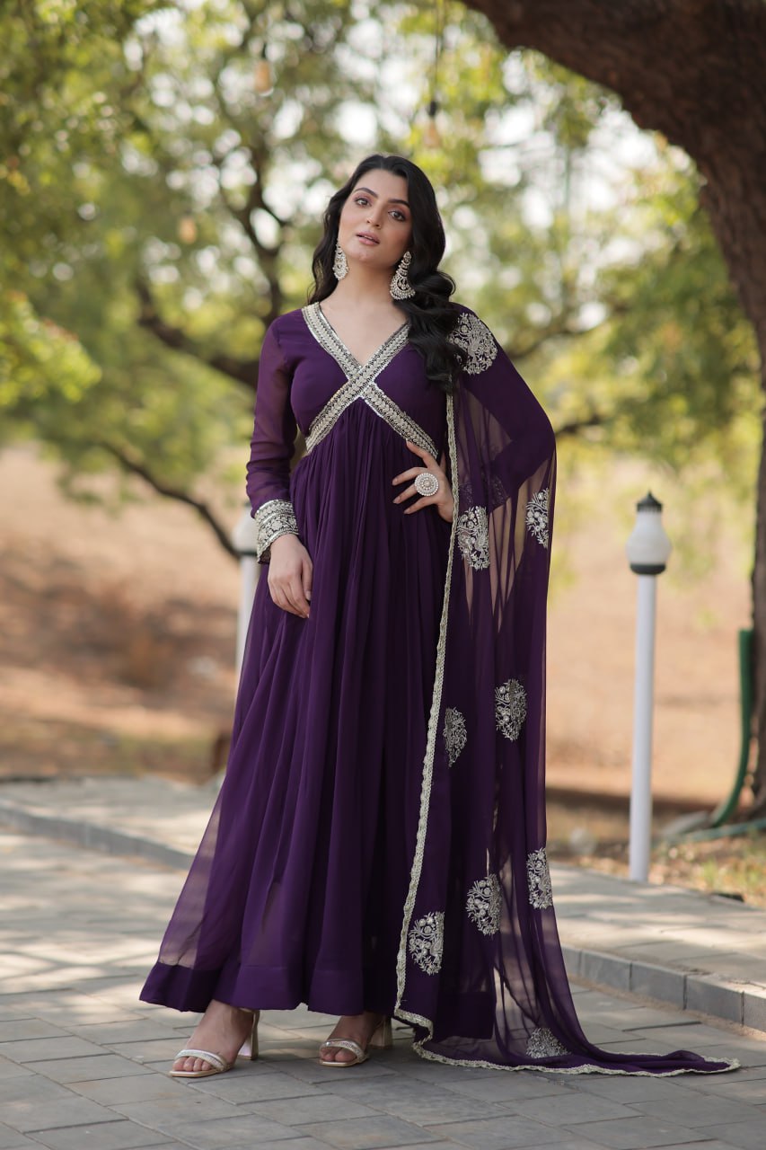 Maroon And Purple Faux Blooming With Designer Lace Border Gown With Dupatta