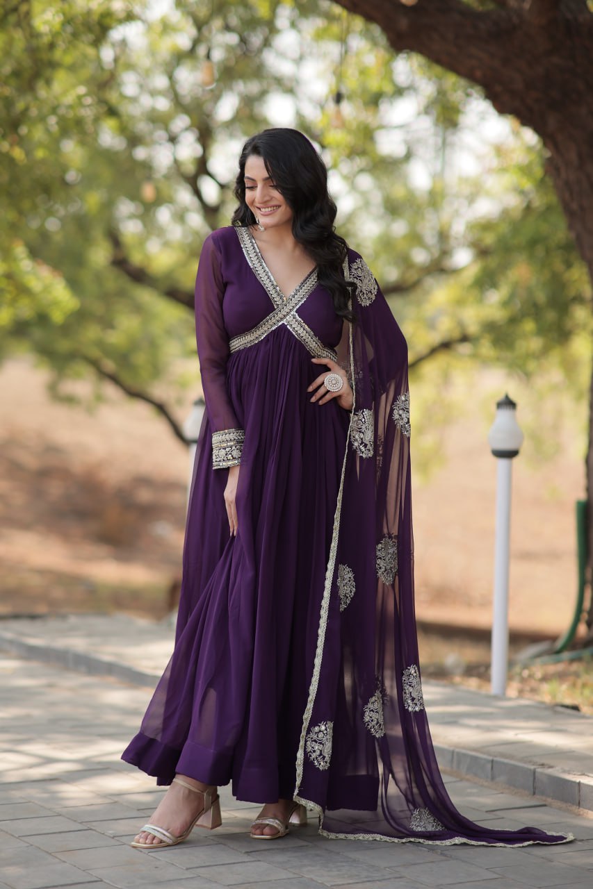 Maroon And Purple Faux Blooming With Designer Lace Border Gown With Dupatta