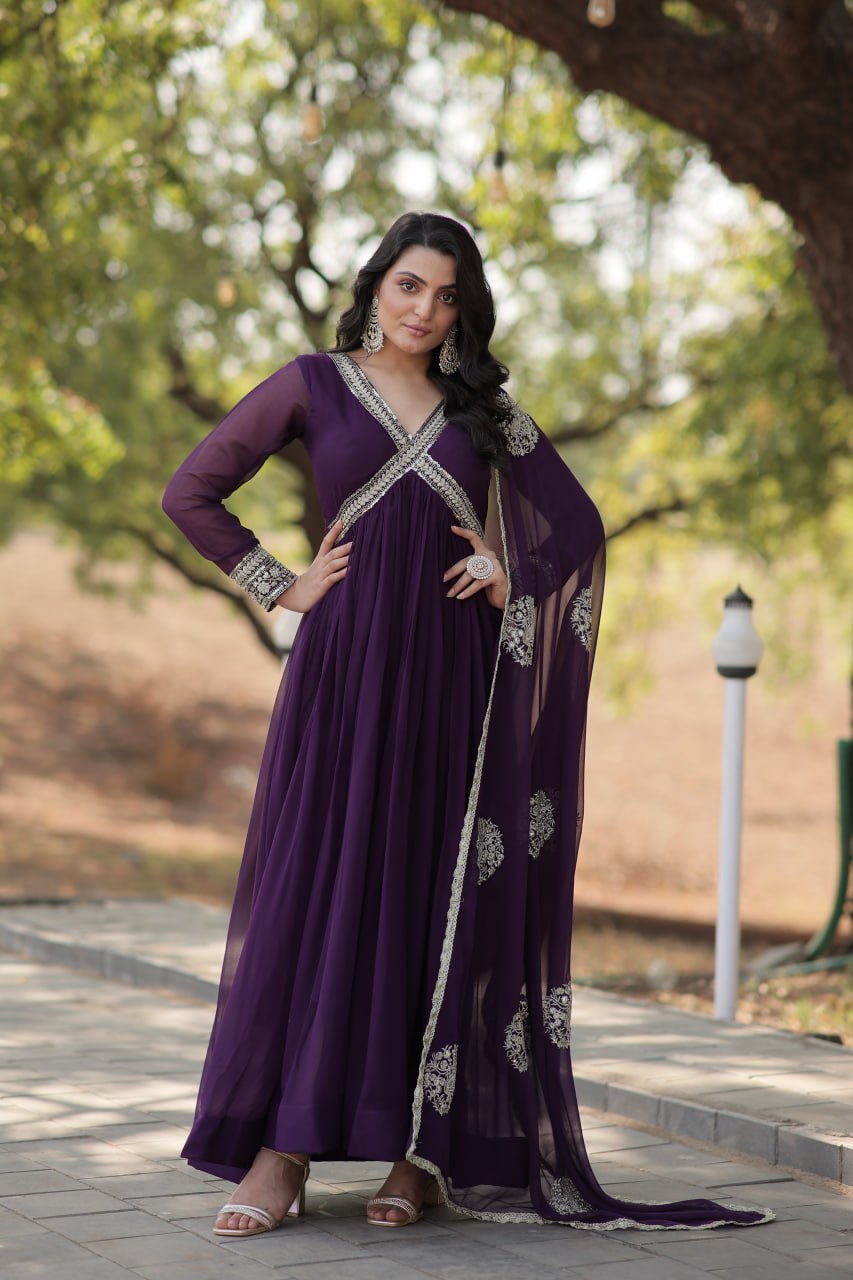 Maroon And Purple Faux Blooming With Designer Lace Border Gown With Dupatta
