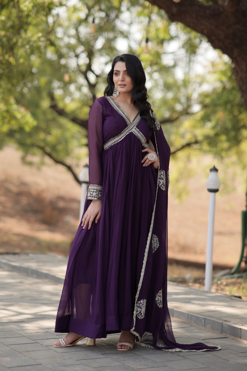 Maroon And Purple Faux Blooming With Designer Lace Border Gown With Dupatta