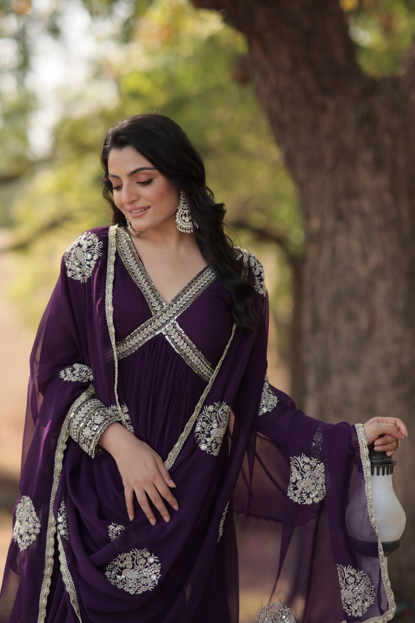 Maroon And Purple Faux Blooming With Designer Lace Border Gown With Dupatta