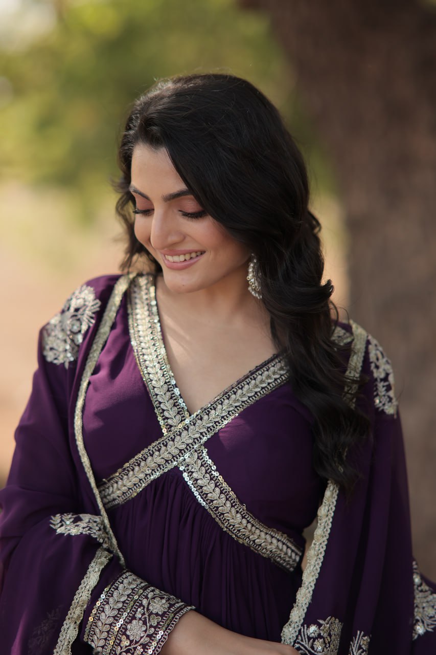 Maroon And Purple Faux Blooming With Designer Lace Border Gown With Dupatta