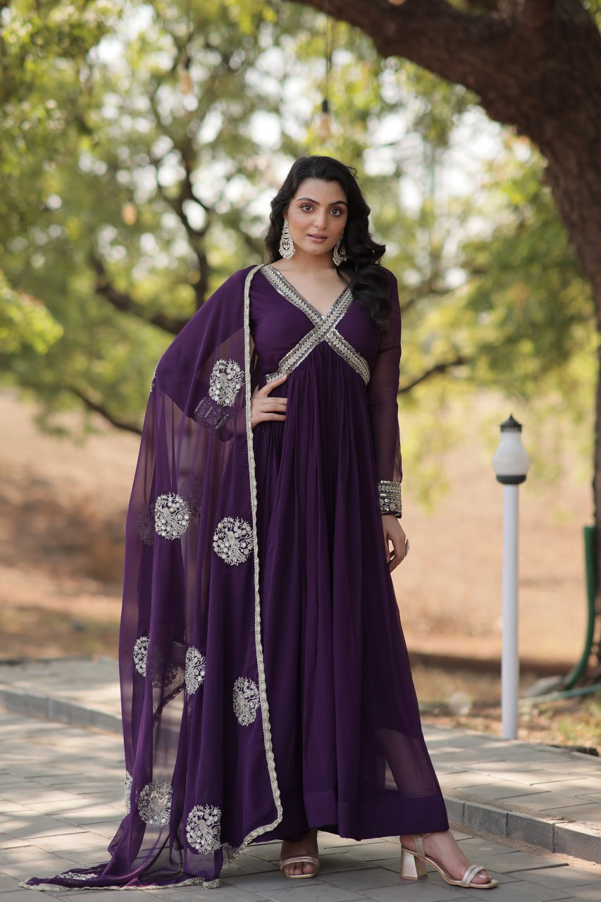 Maroon And Purple Faux Blooming With Designer Lace Border Gown With Dupatta