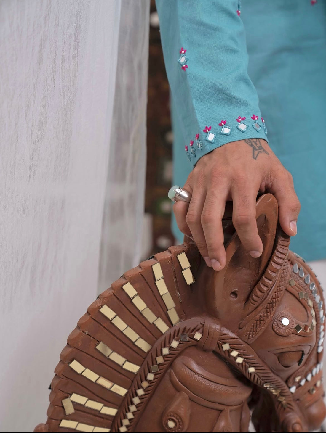 Blue Kurta With Mirror Details