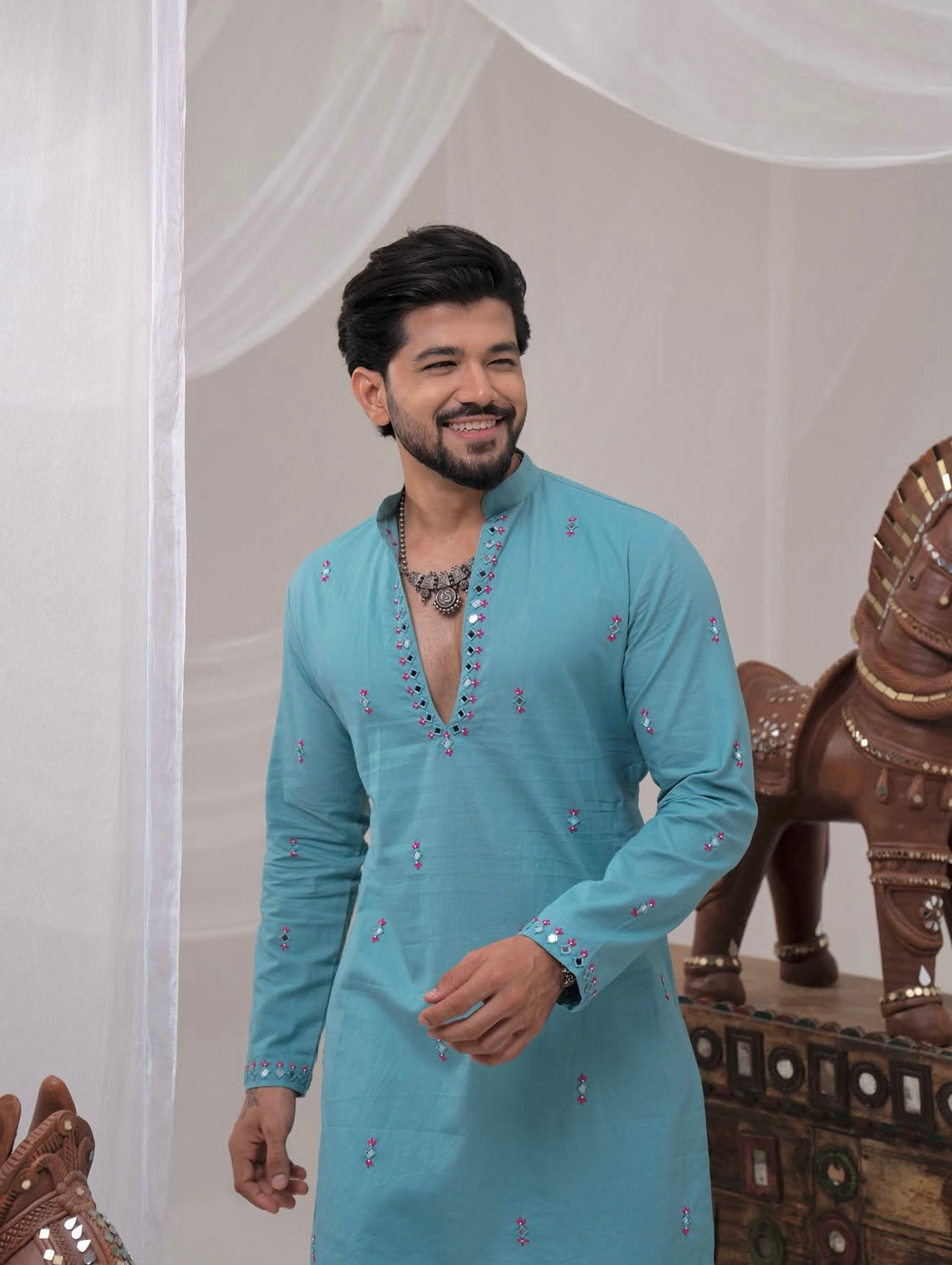 Blue Kurta With Mirror Details