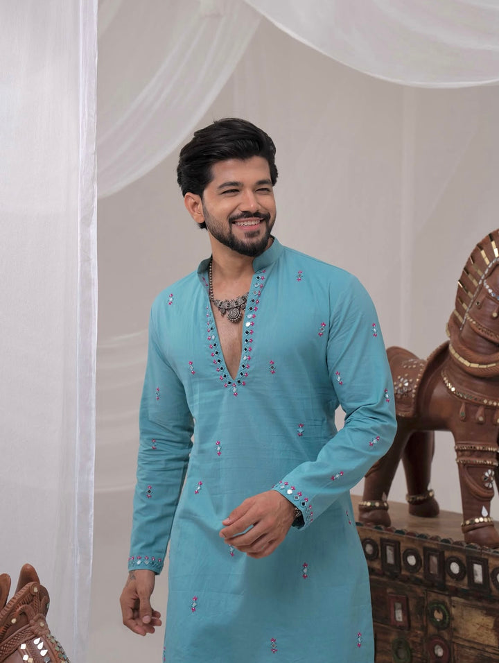 Blue Kurta With Mirror Details