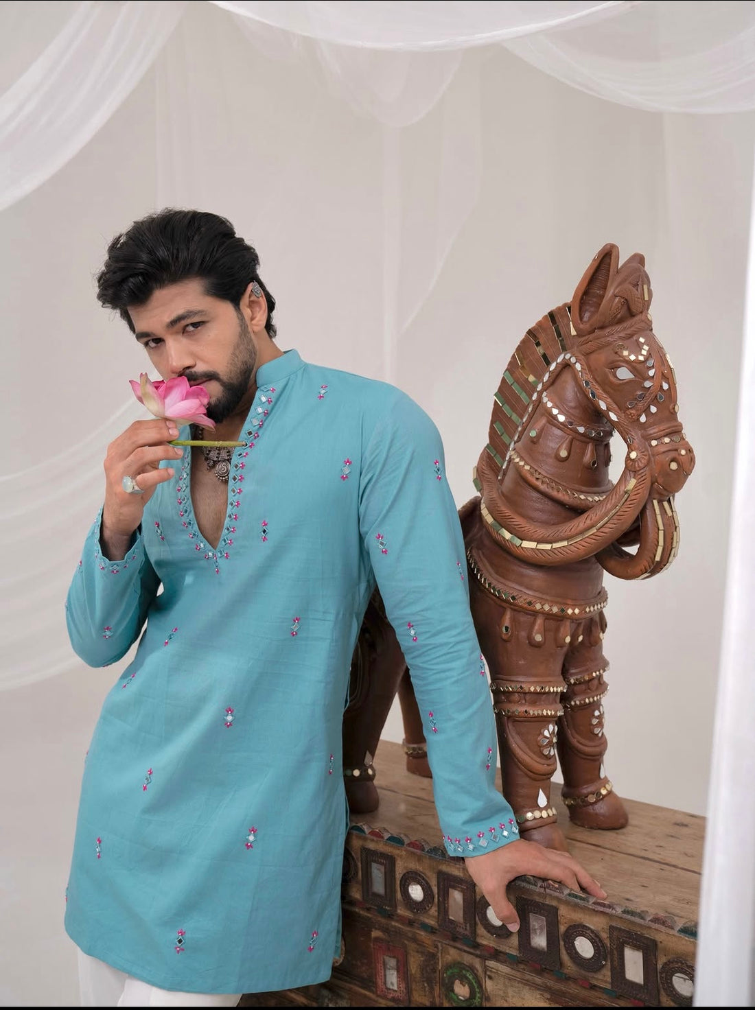 Blue Kurta With Mirror Details