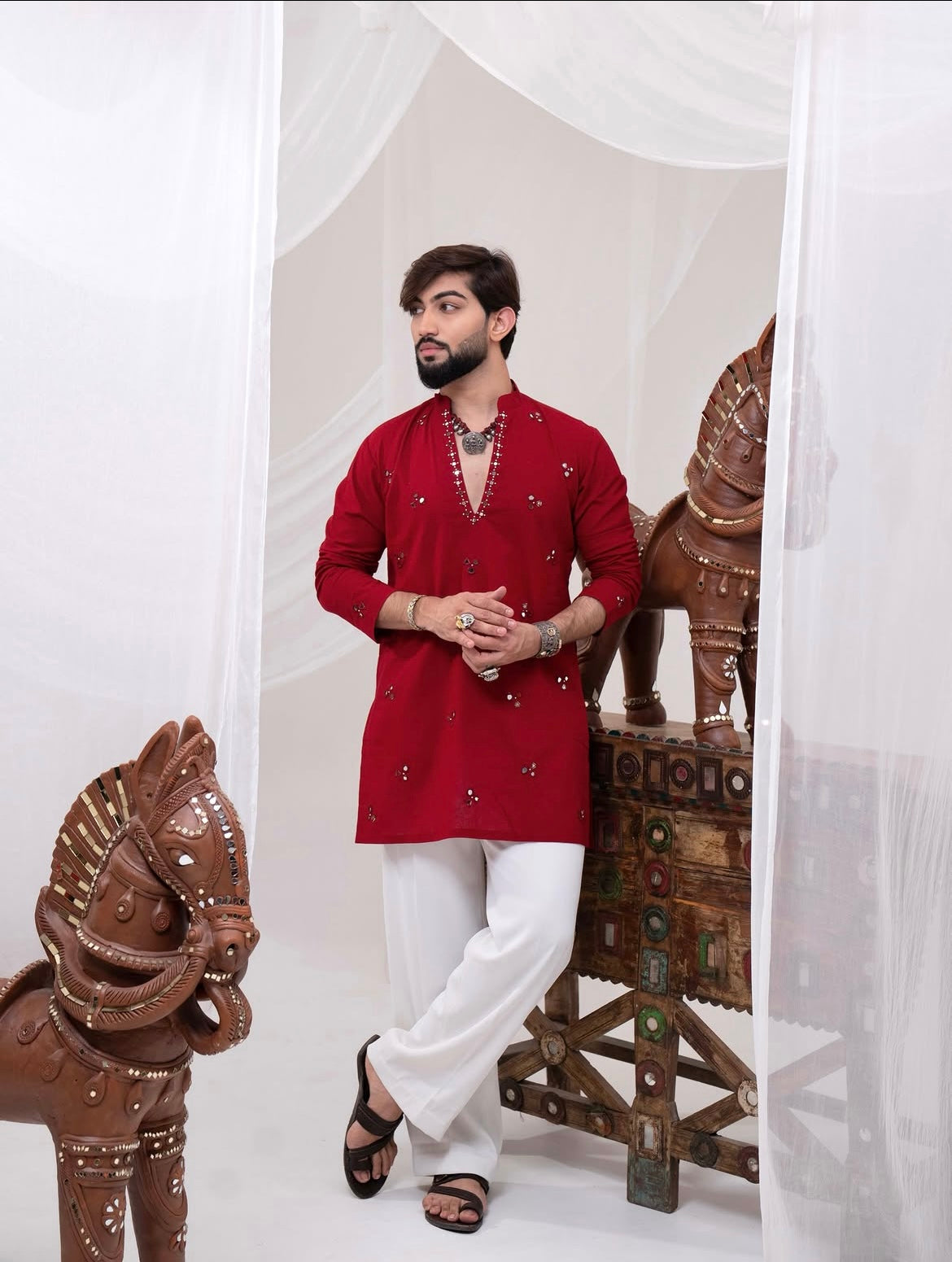 Red Kurta With Mirror Details