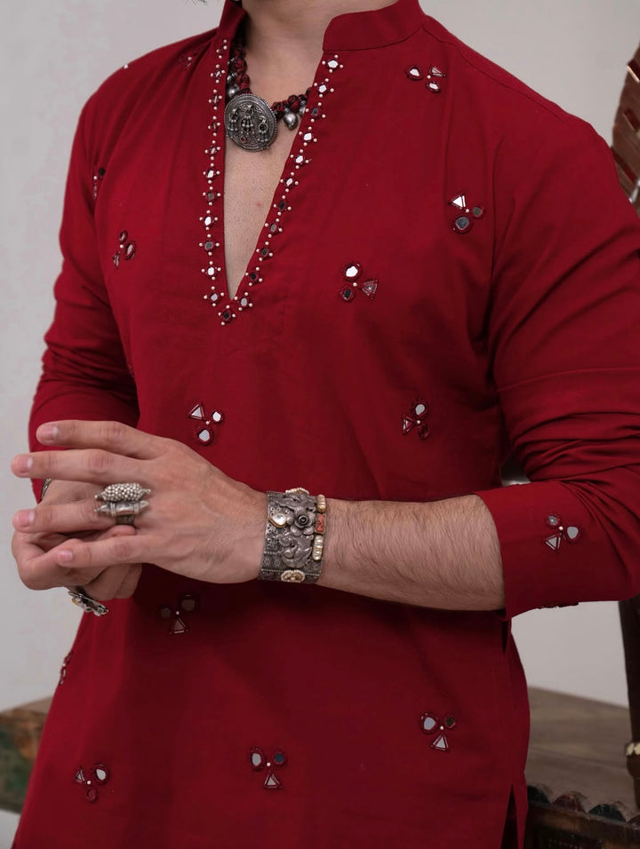 Red Kurta With Mirror Details