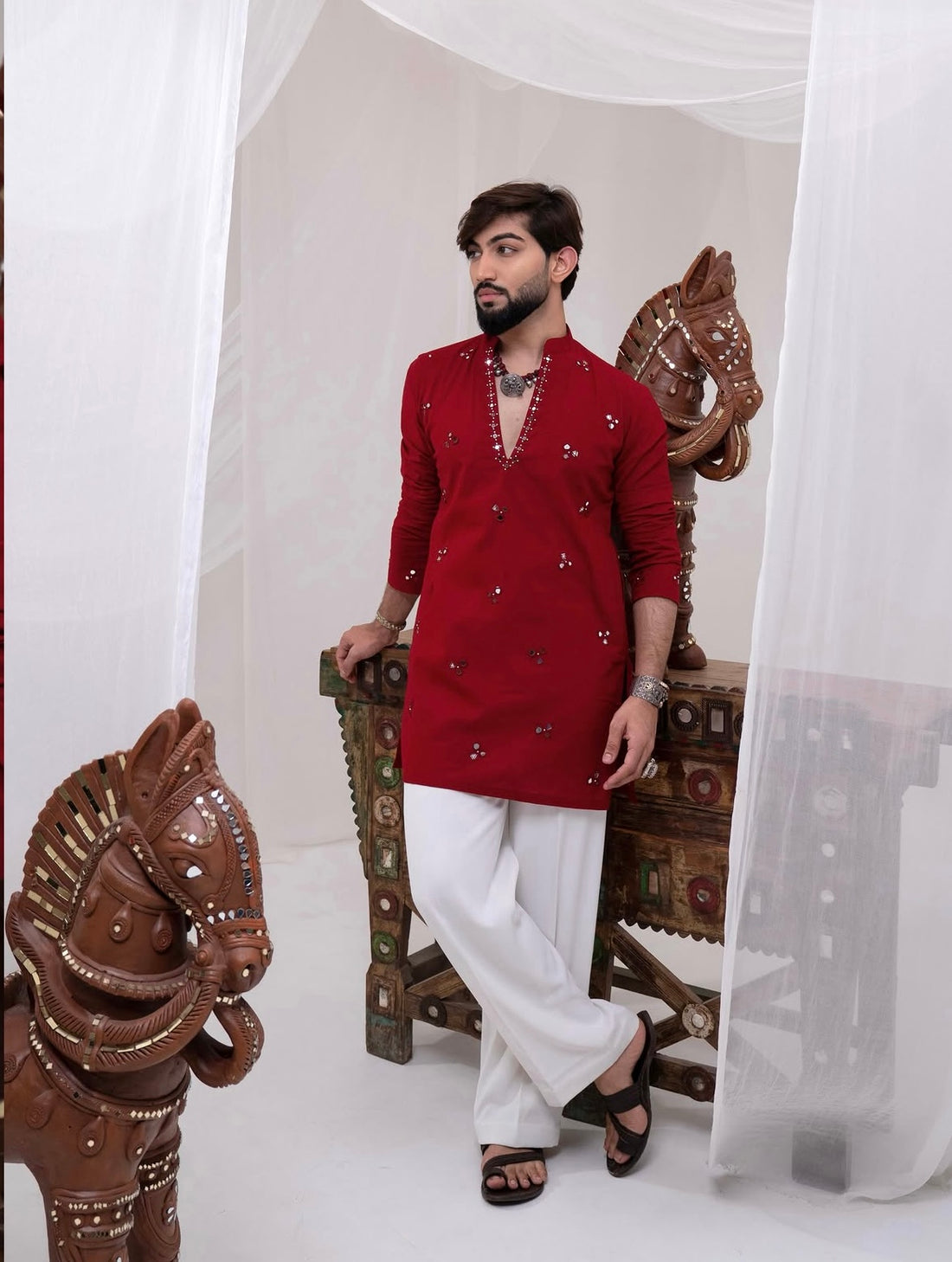 Red Kurta With Mirror Details