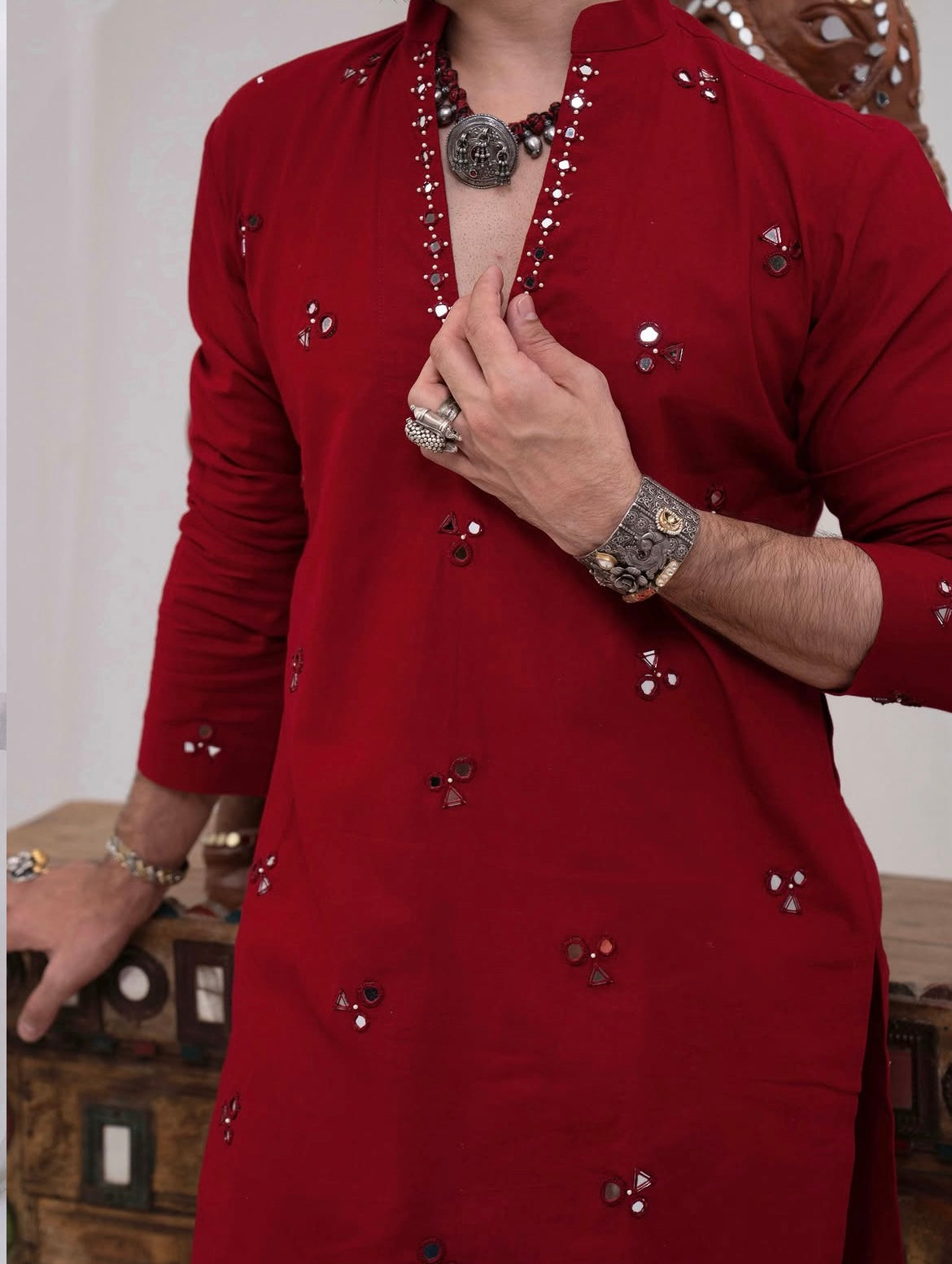Red Kurta With Mirror Details