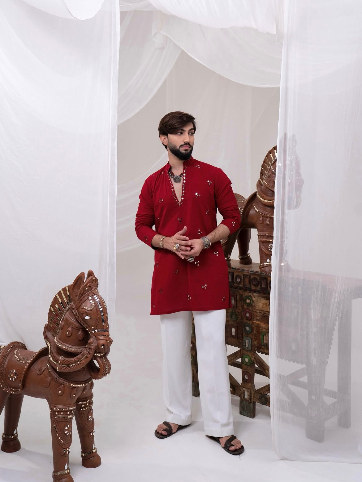 Red Kurta With Mirror Details