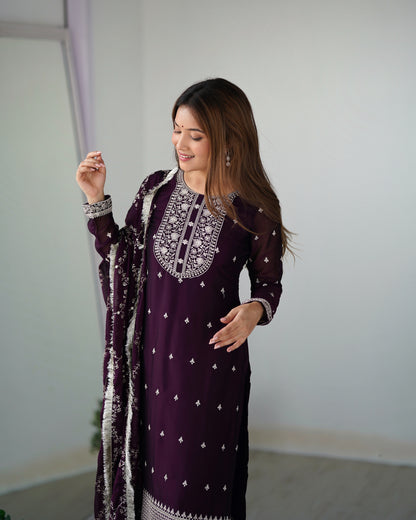 Maroon Silk Embroidered Straight Kurti With Pant & Dupatta Set