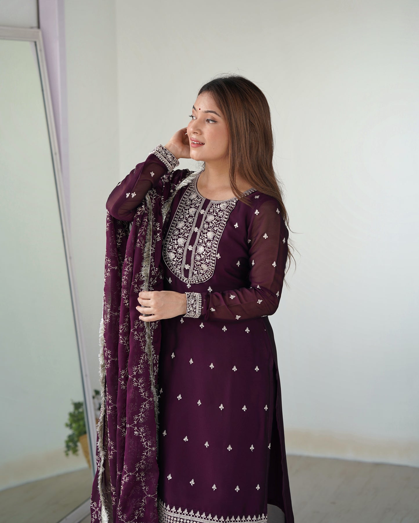 Maroon Silk Embroidered Straight Kurti With Pant & Dupatta Set