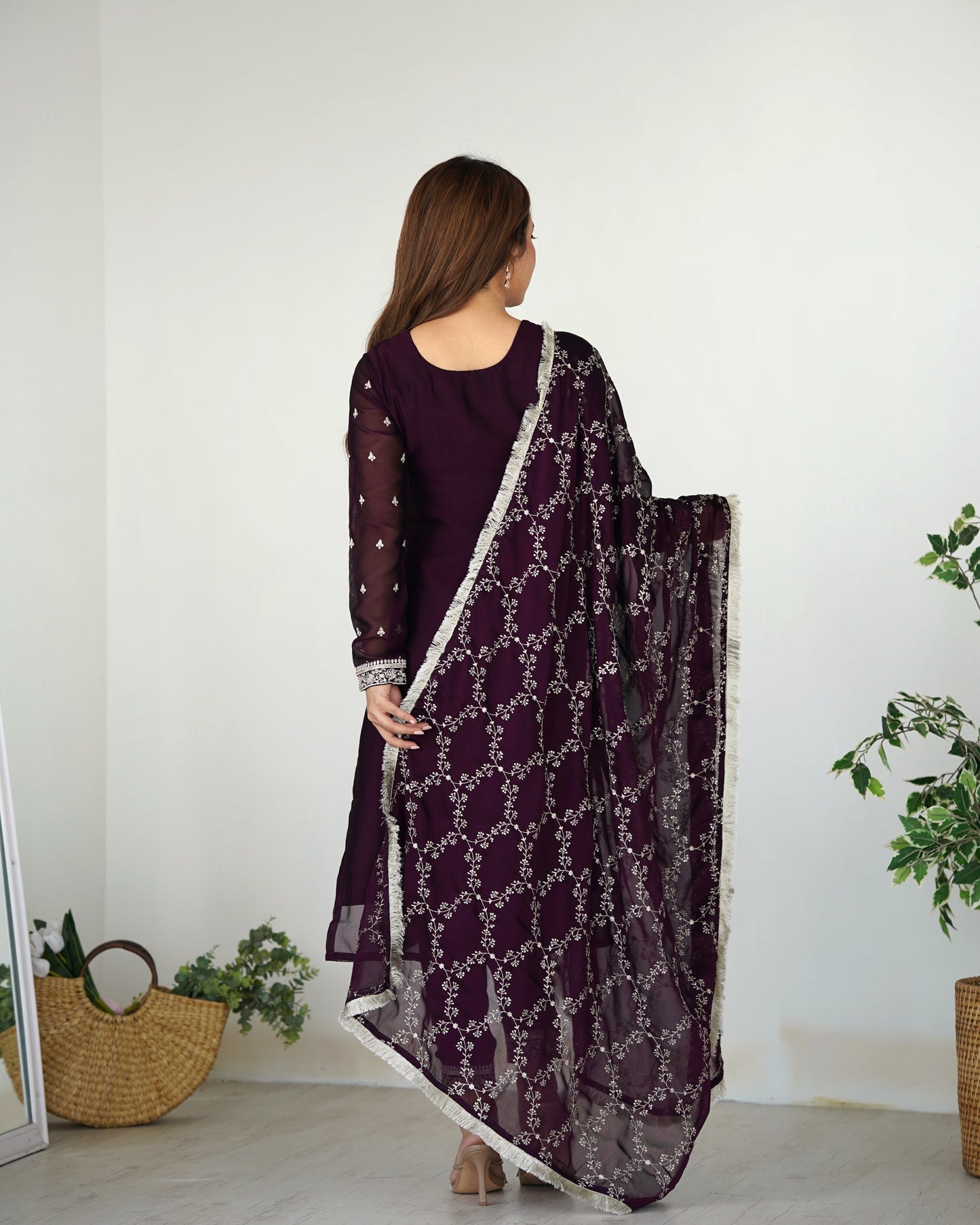 Maroon Silk Embroidered Straight Kurti With Pant & Dupatta Set