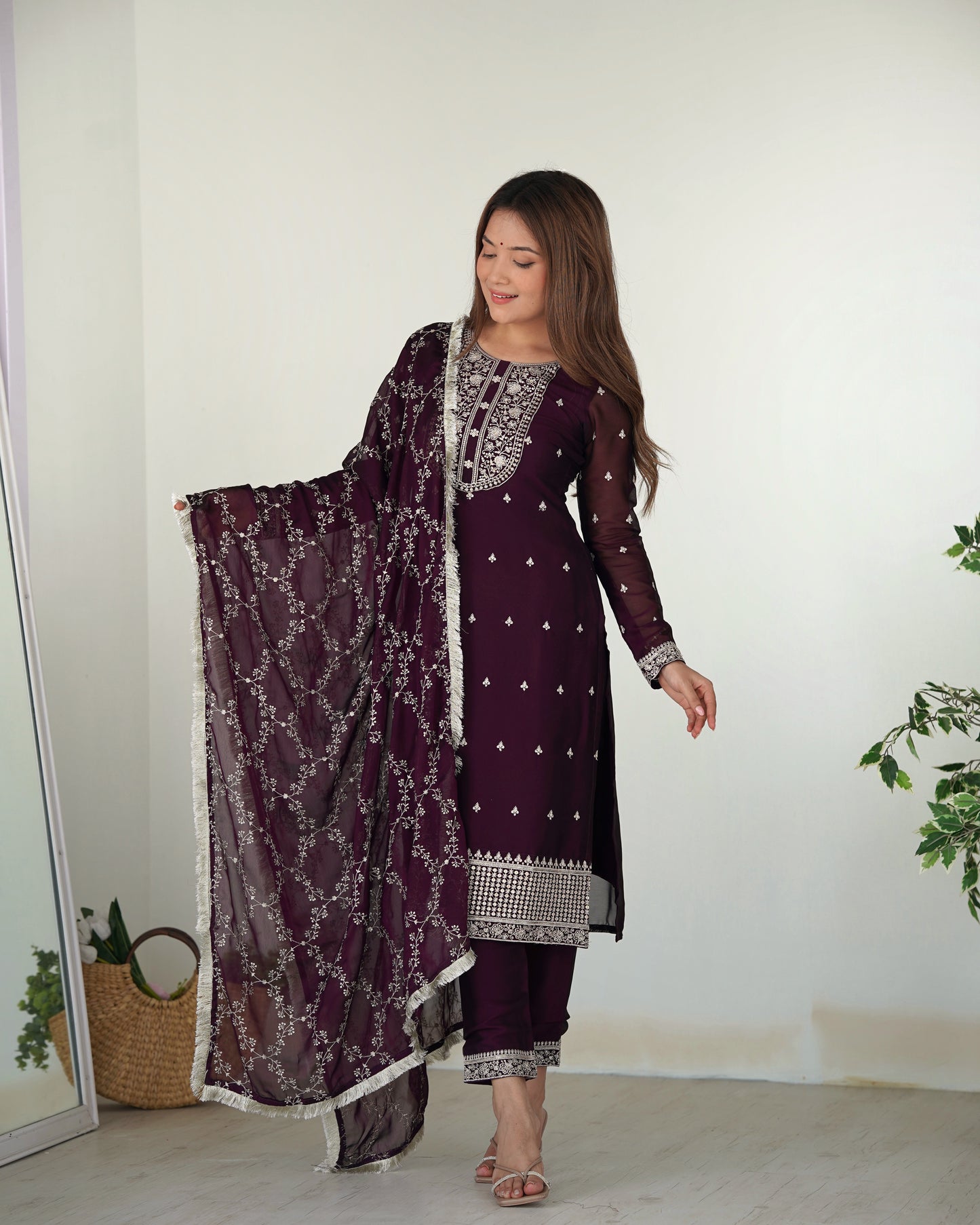 Maroon Silk Embroidered Straight Kurti With Pant & Dupatta Set