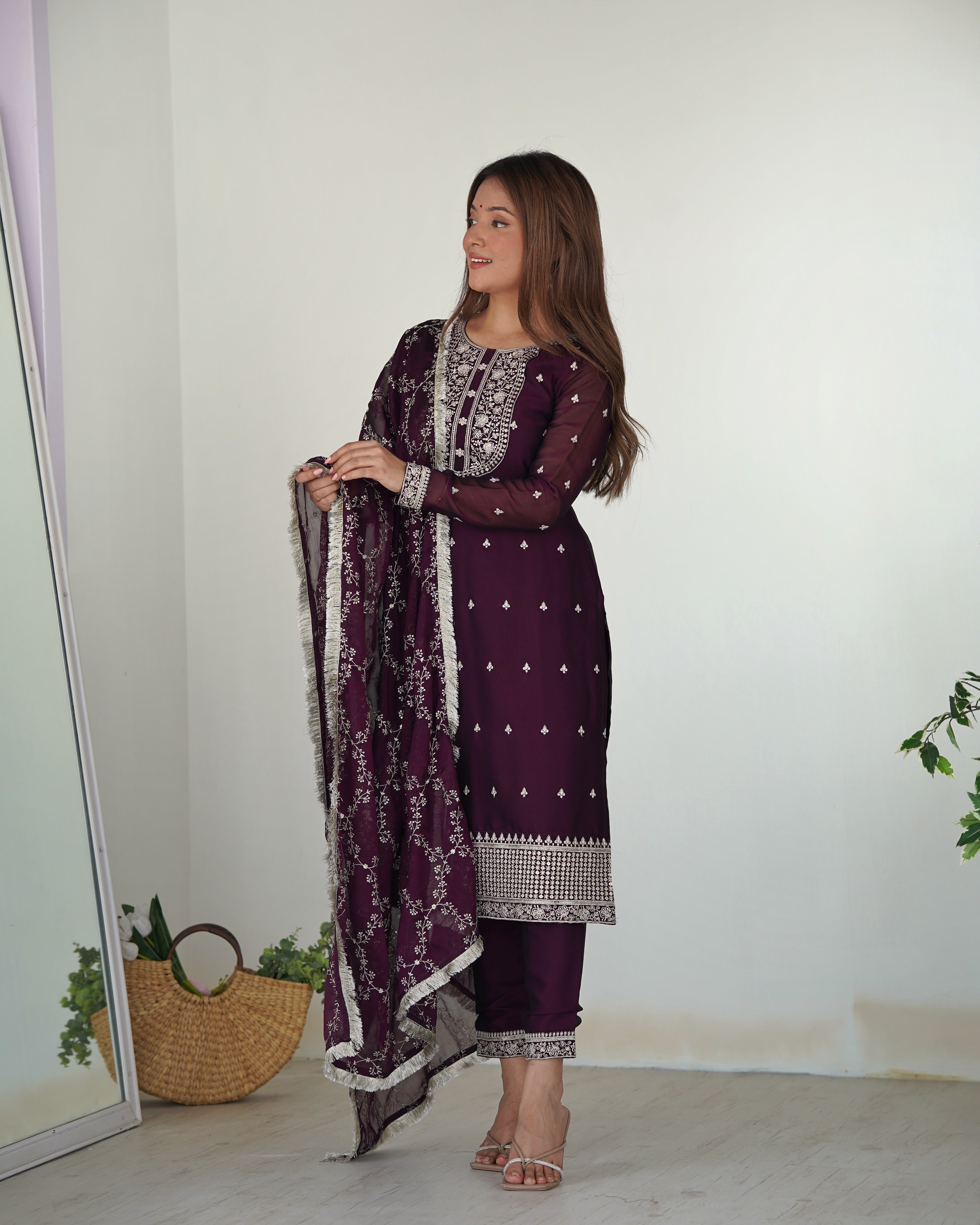 Maroon Silk Embroidered Straight Kurti With Pant & Dupatta Set