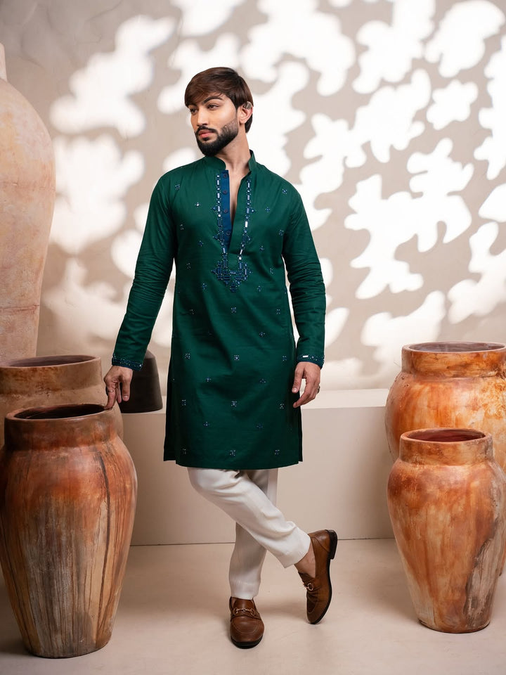 Men’s Premium Dark Green Embroidered Kurta