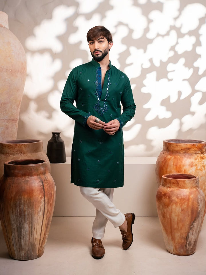 Men’s Premium Dark Green Embroidered Kurta