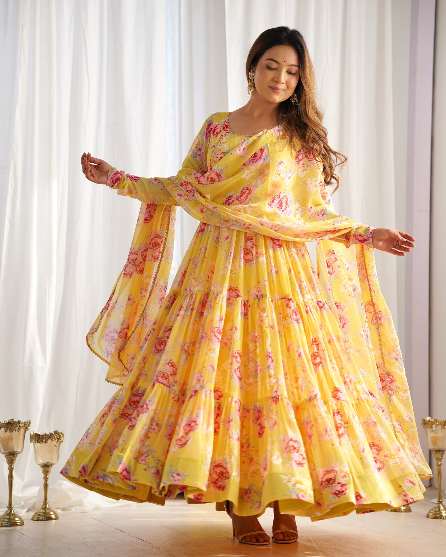 Yellow Layered Flower Printed Anarkali Gown With Pant & Dupatta Set