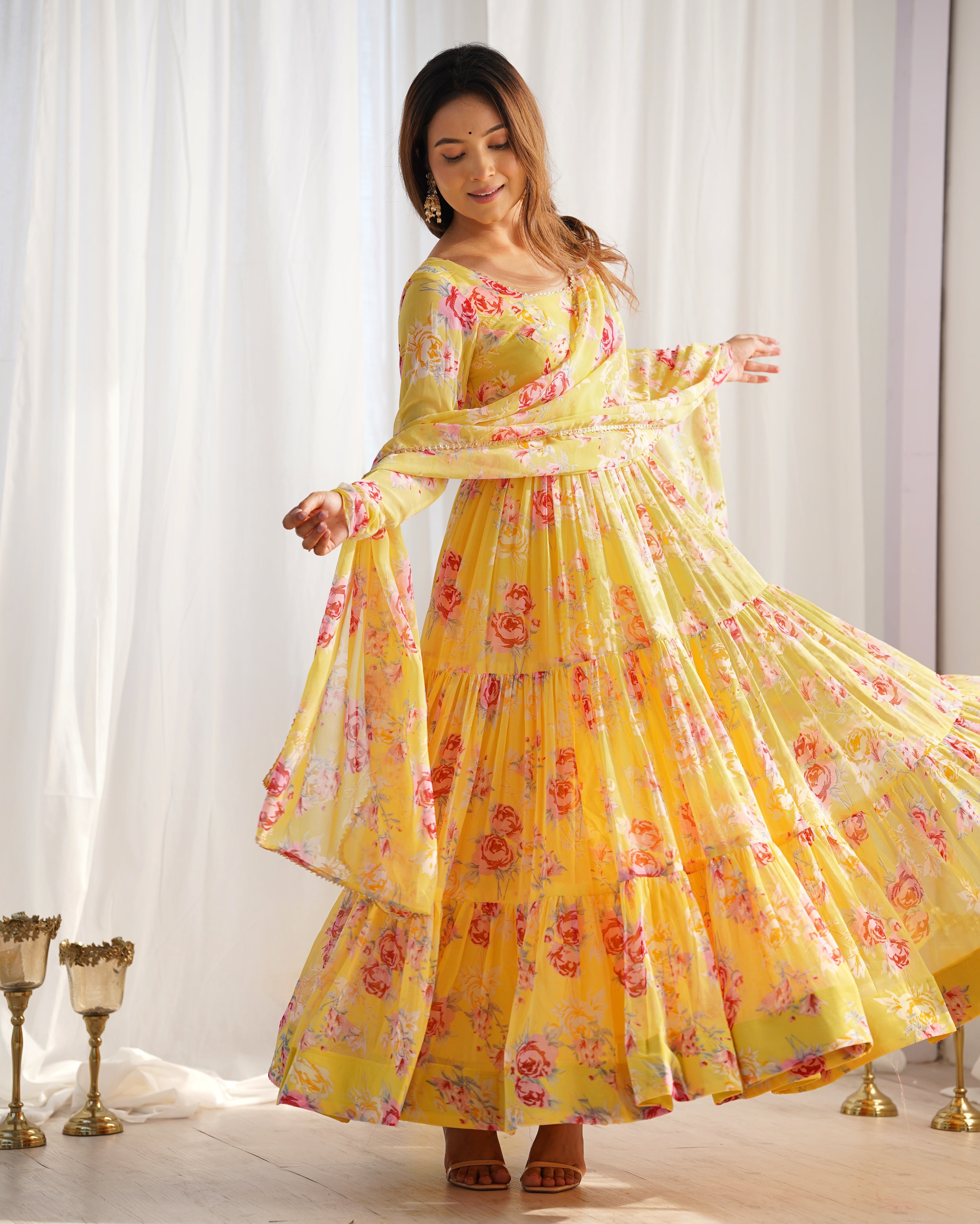 Yellow Layered Flower Printed Anarkali Gown With Pant & Dupatta Set