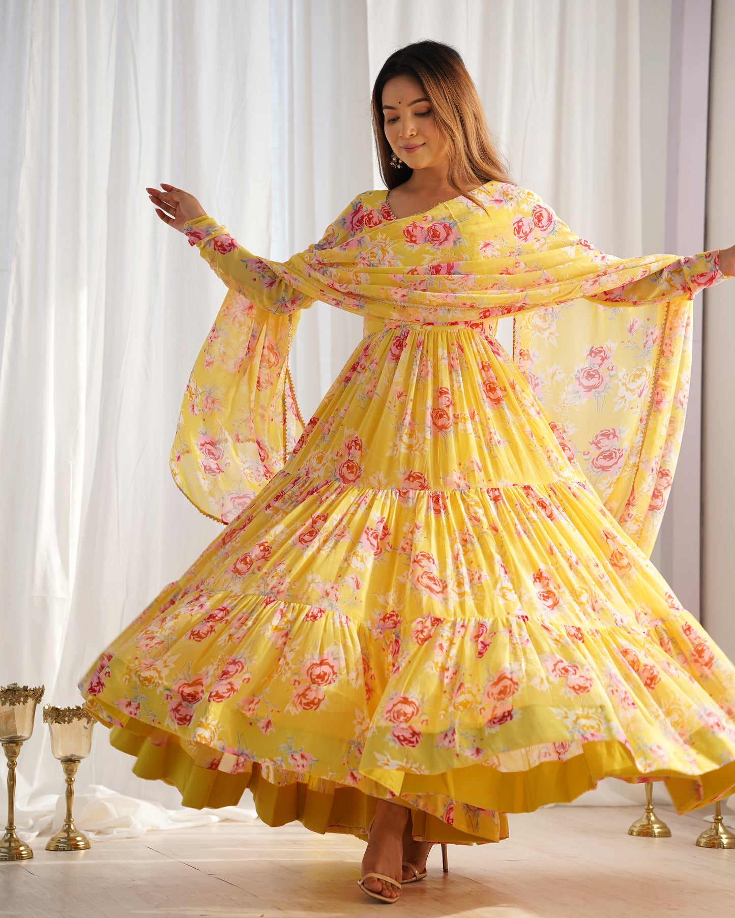 Yellow Layered Flower Printed Anarkali Gown With Pant & Dupatta Set