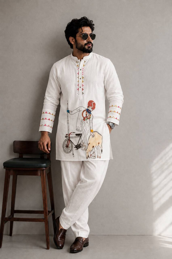 Premium White Handcrafted Printed Kurta