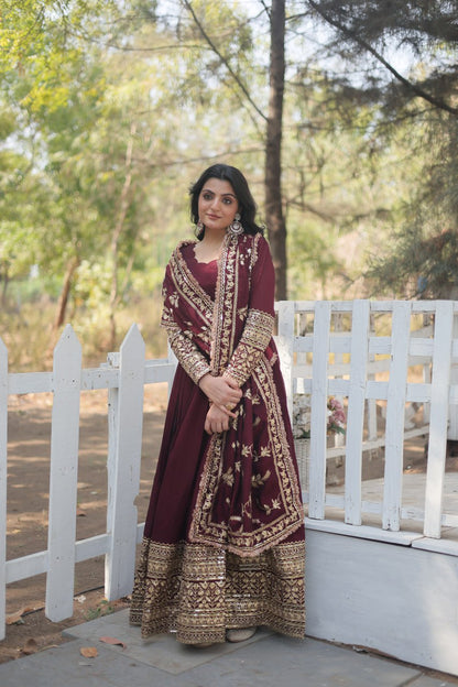 Dark Maroon Vichitra With Rich Sequins Embroidered Gown With Dupatta