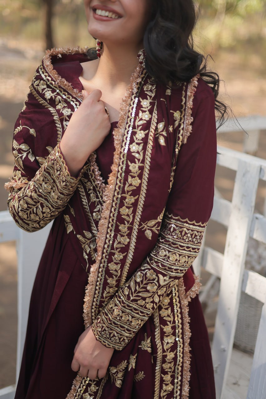 Dark Maroon Vichitra With Rich Sequins Embroidered Gown With Dupatta