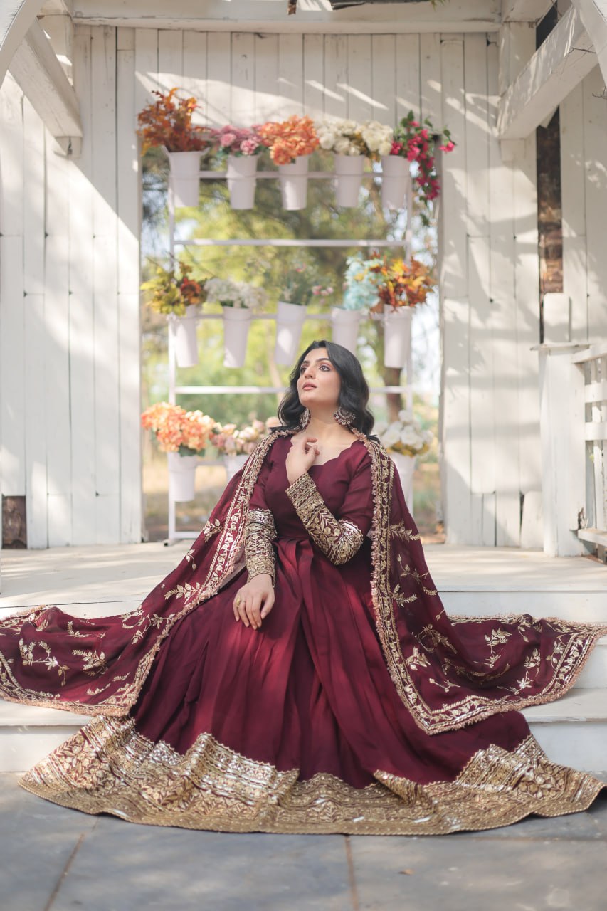 Dark Maroon Vichitra With Rich Sequins Embroidered Gown With Dupatta