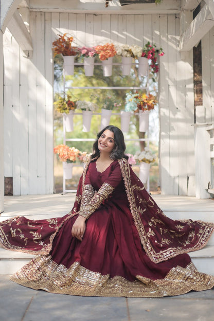 Dark Maroon Vichitra With Rich Sequins Embroidered Gown With Dupatta