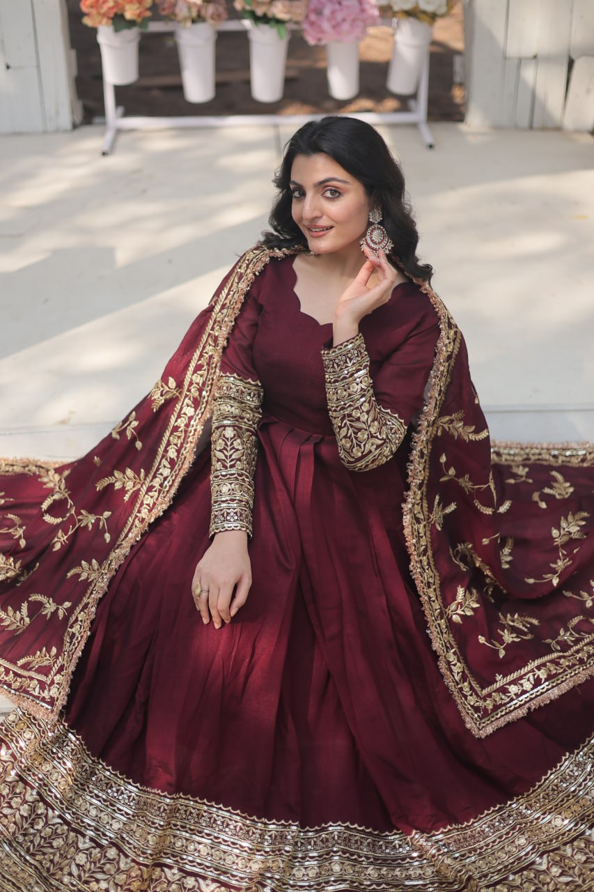 Dark Maroon Vichitra With Rich Sequins Embroidered Gown With Dupatta