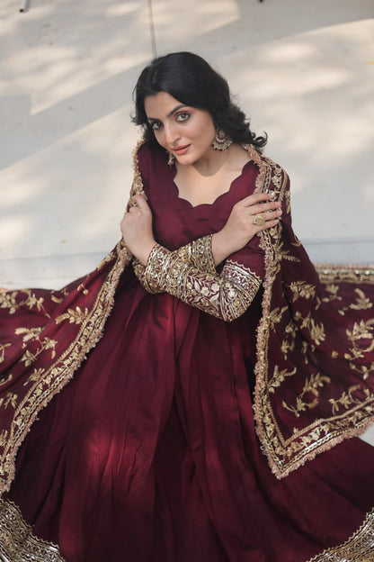 Dark Maroon Vichitra With Rich Sequins Embroidered Gown With Dupatta