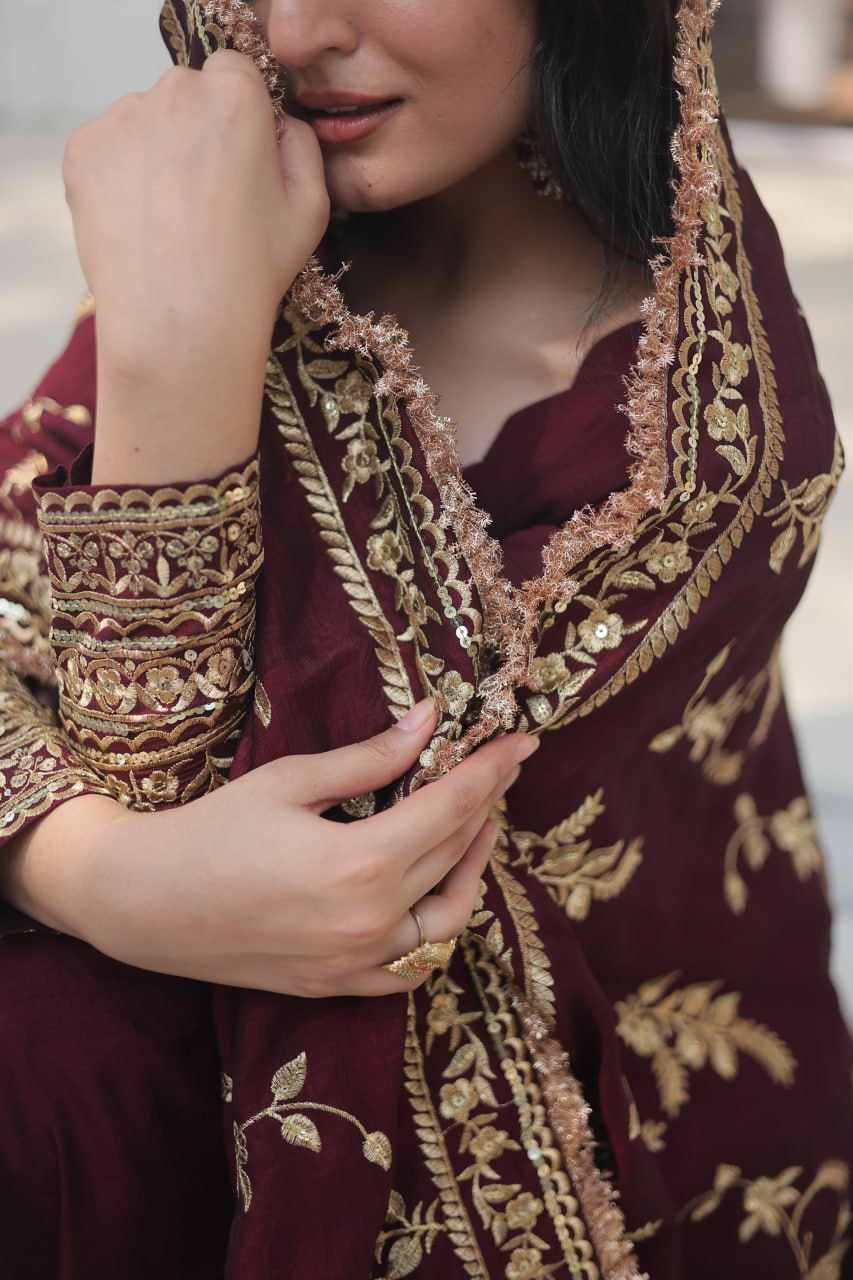 Dark Maroon Vichitra With Rich Sequins Embroidered Gown With Dupatta