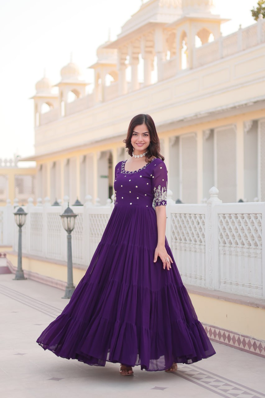 Rani Pink And Purple Faux Blooming With Embroidery Zari Sequins Gown