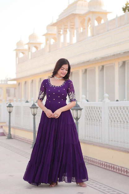 Rani Pink And Purple Faux Blooming With Embroidery Zari Sequins Gown