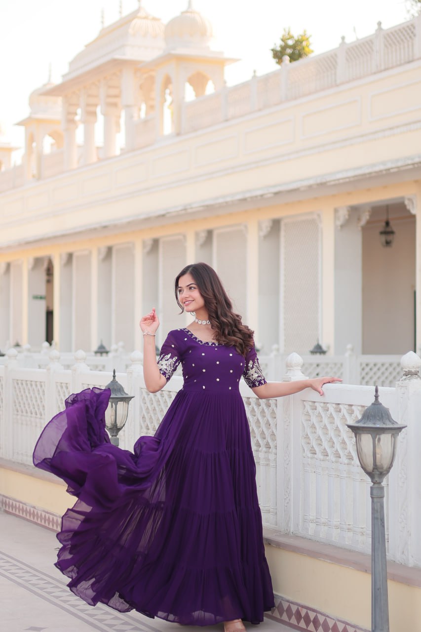 Rani Pink And Purple Faux Blooming With Embroidery Zari Sequins Gown