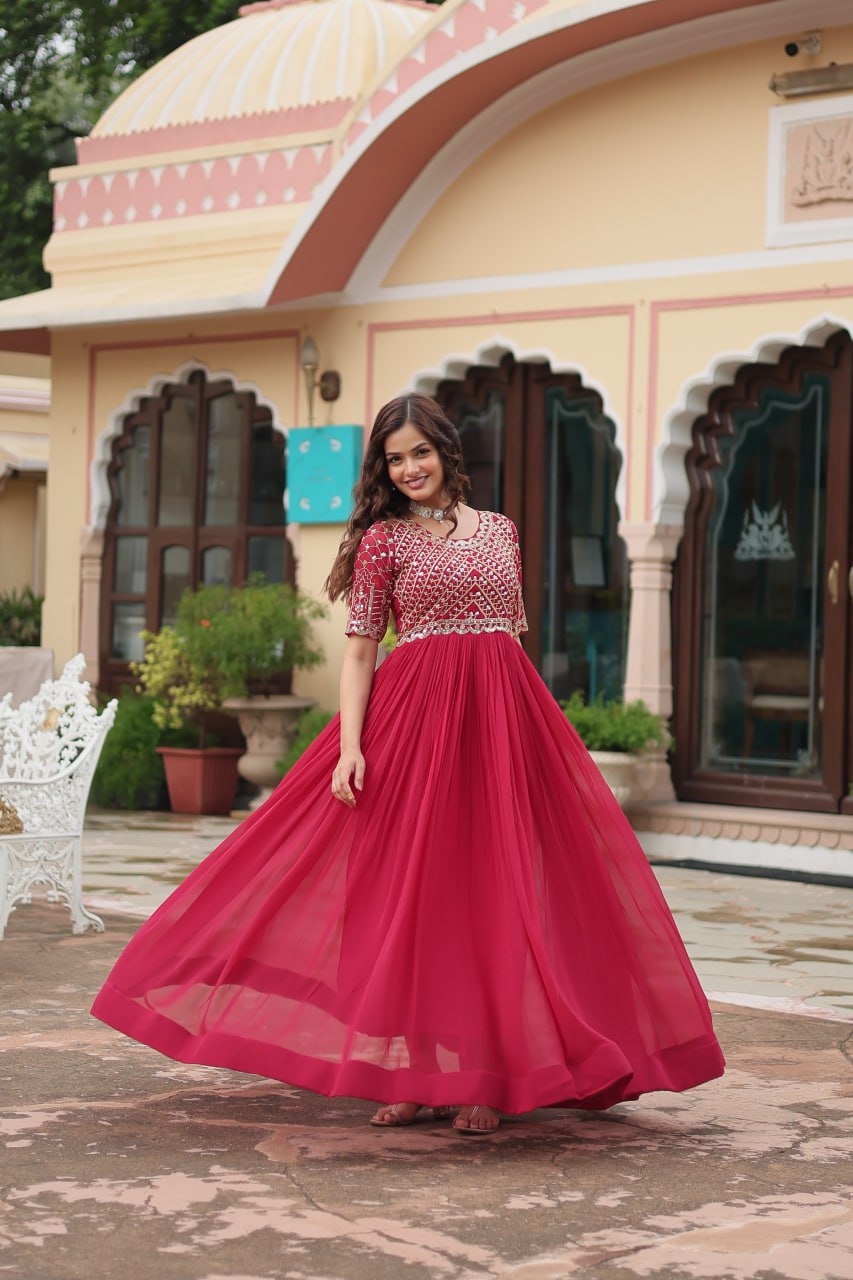 Pink And purple Faux Blooming With Embroidery Zari Sequins Gown