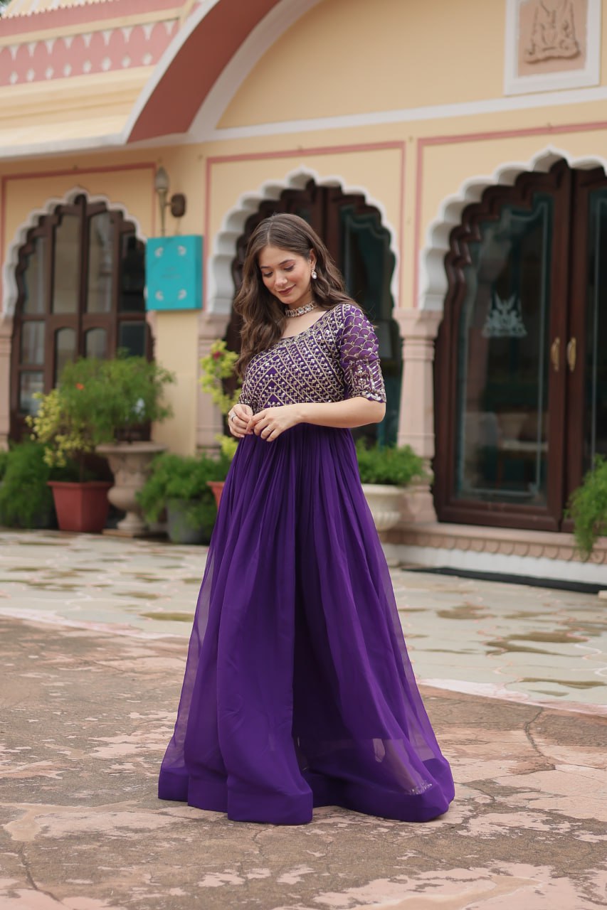 Pink And purple Faux Blooming With Embroidery Zari Sequins Gown