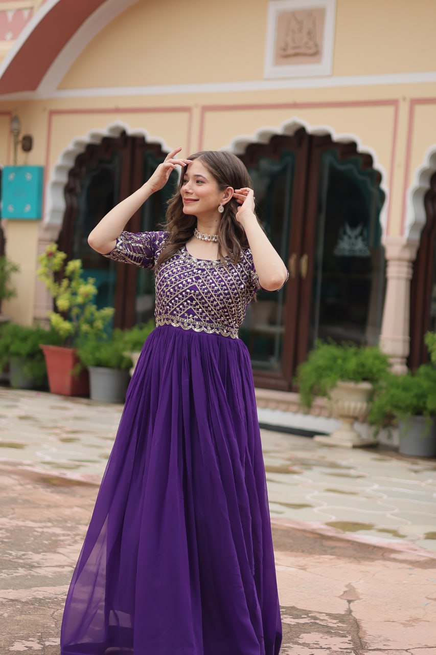 Pink And purple Faux Blooming With Embroidery Zari Sequins Gown