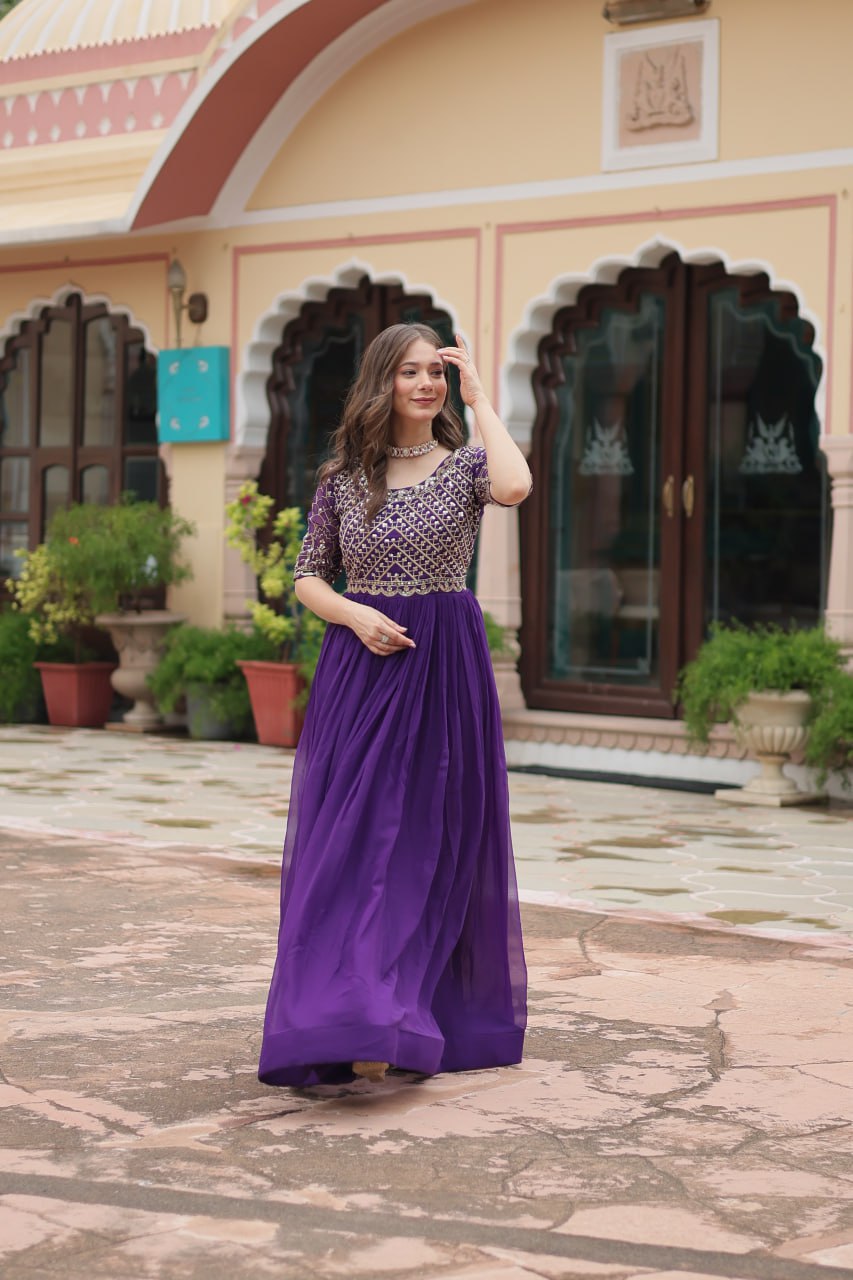 Pink And purple Faux Blooming With Embroidery Zari Sequins Gown