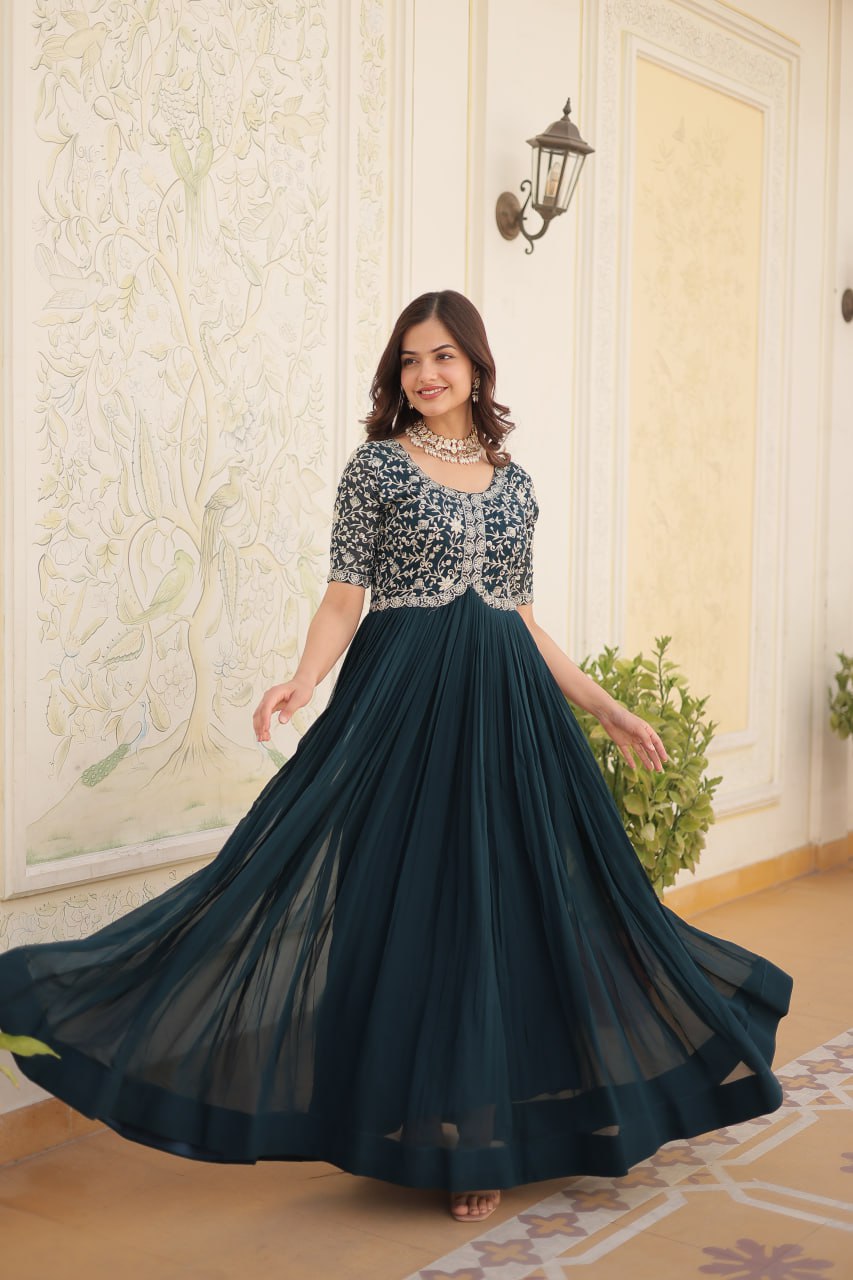 Faux Blooming With Embroidery Zari Sequins Gown