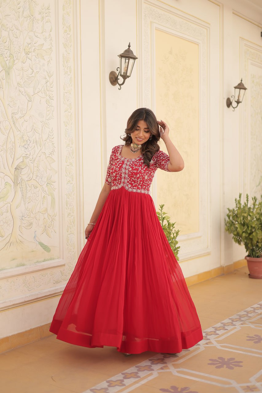 Faux Blooming With Embroidery Zari Sequins Gown