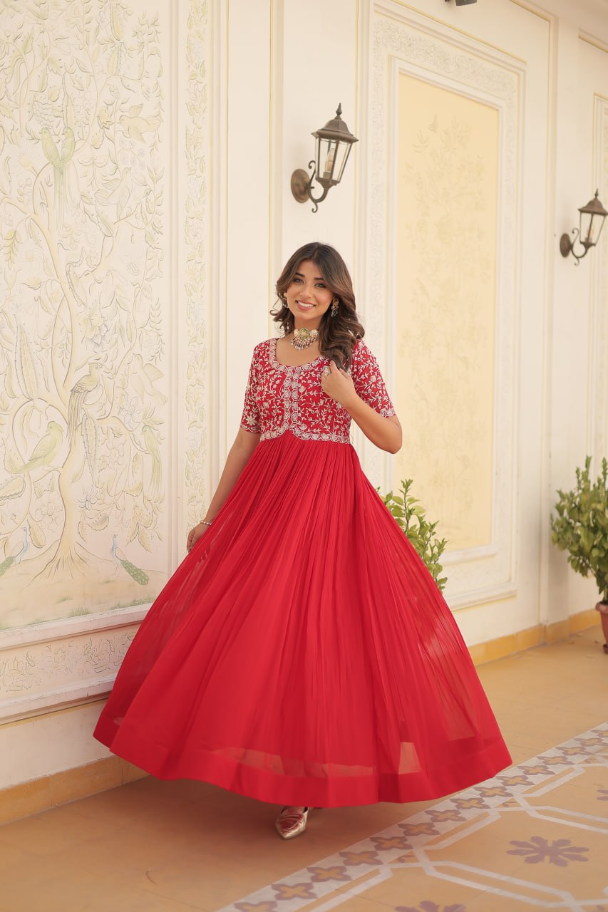 Faux Blooming With Embroidery Zari Sequins Gown