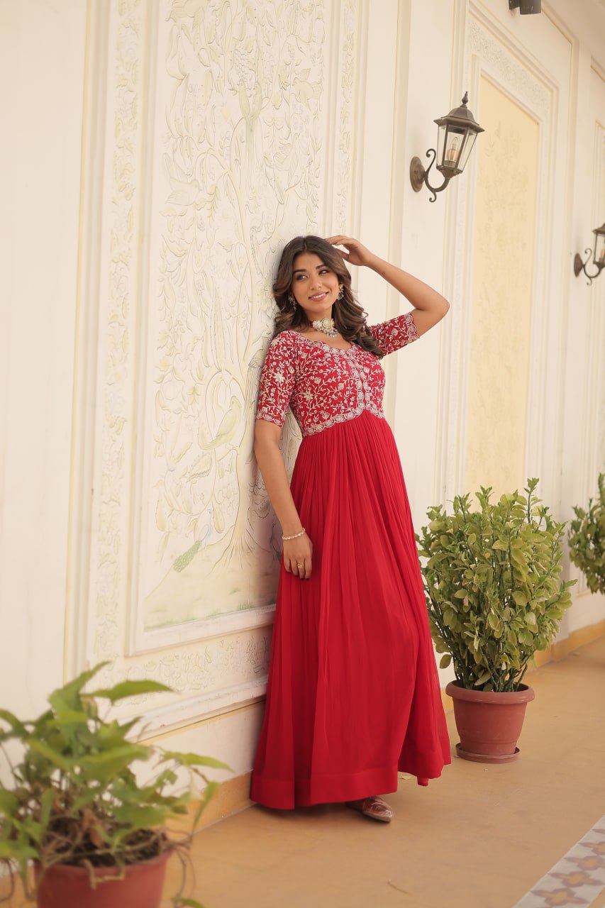 Faux Blooming With Embroidery Zari Sequins Gown